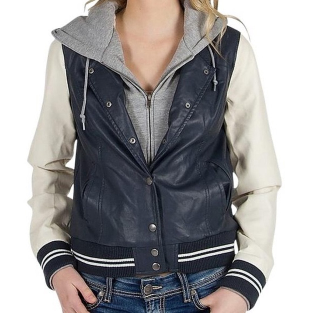 Obey Varsity Lover Navy Blue Faux Leather Jacket